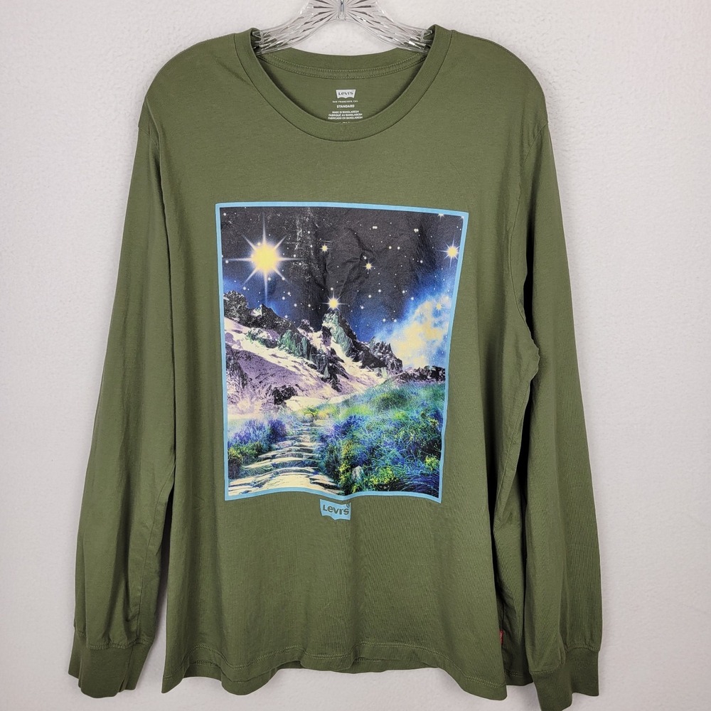 Levi's Graphic Long Sleeve T-Shirt Men's XL Olive Green Psychedelic Scenic Print